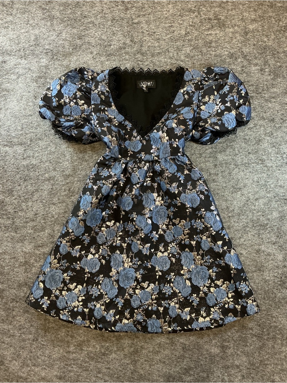 Widow Black Mini Dress with Blue Floral Jacquard and Puff Sleeves Size S